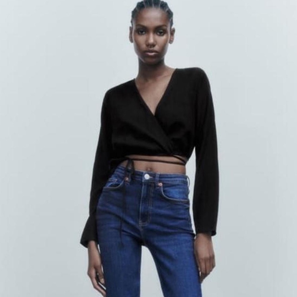Zara flowy black long sleeve crop top with tie